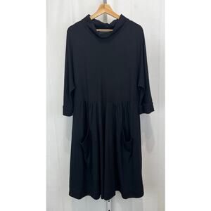 ALEMBIKA Funnel Mock Neck Popover Midi Dress Pockets Shirred Black Size 4 US L
